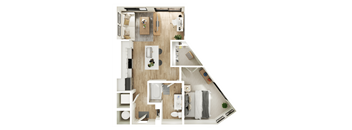 A top-down view of a modern apartment layout with a kitchen, living room, and bathroom.