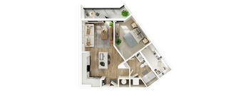 A top-down view of a modern apartment layout with a kitchen, living room, and bathroom.