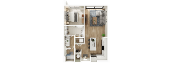 A floor plan of a small apartment with a kitchen, living room, and bathroom.