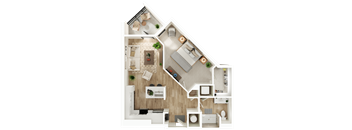 A detailed 3D floor plan of a modern apartment.