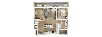 A top-down view of a well-organized apartment with a living room, kitchen, and bedroom.
