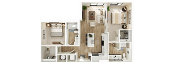 A top-down view of a small apartment layout with a kitchen, living room, and bathroom.