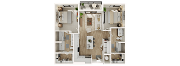 A top-down view of a modern apartment layout with a kitchen, living room, and bedrooms.