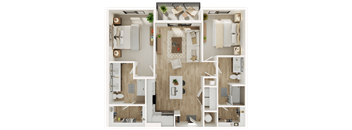 A top-down view of a modern apartment layout with a kitchen, living room, and bathroom.