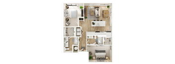 A top-down view of a small apartment layout with a kitchen, living room, and bedroom.