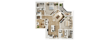 A detailed 3D floor plan of a modern apartment.