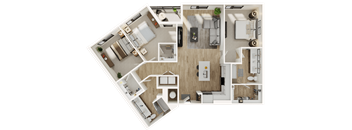 A detailed 3D floor plan of a modern apartment layout.
