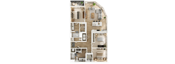 A top-down view of a house layout with multiple rooms and furniture.