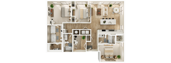 A detailed 3D floor plan of a modern apartment.