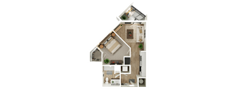 A top-down view of a house layout with a living room, kitchen, and bathroom.