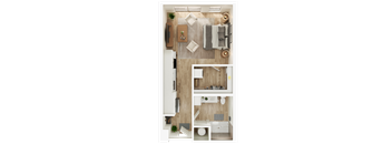 A top-down view of a small apartment with a kitchen, living room, and bathroom.
