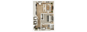 A top-down view of a modern apartment layout with a kitchen, living room, and bathroom.