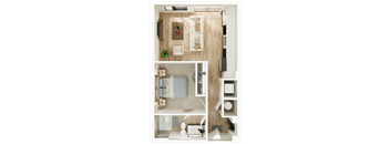A top-down view of a small apartment with a bedroom, living room, and bathroom.