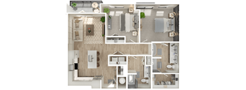 A top-down view of a house layout with multiple rooms and furniture.