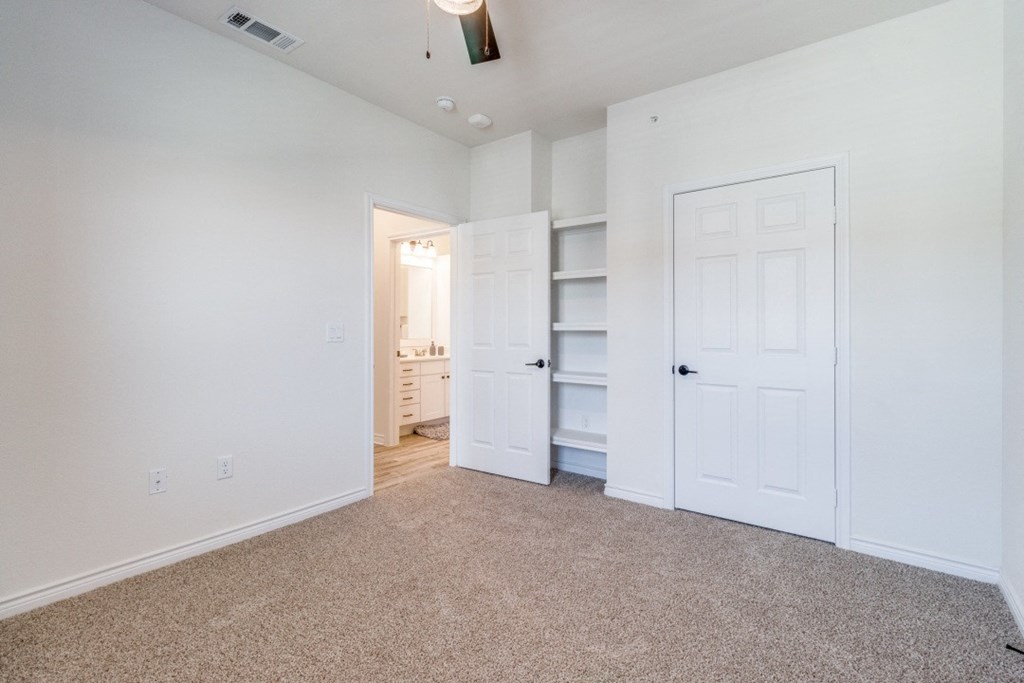 a bedroom with two closets and a door to a bathroom