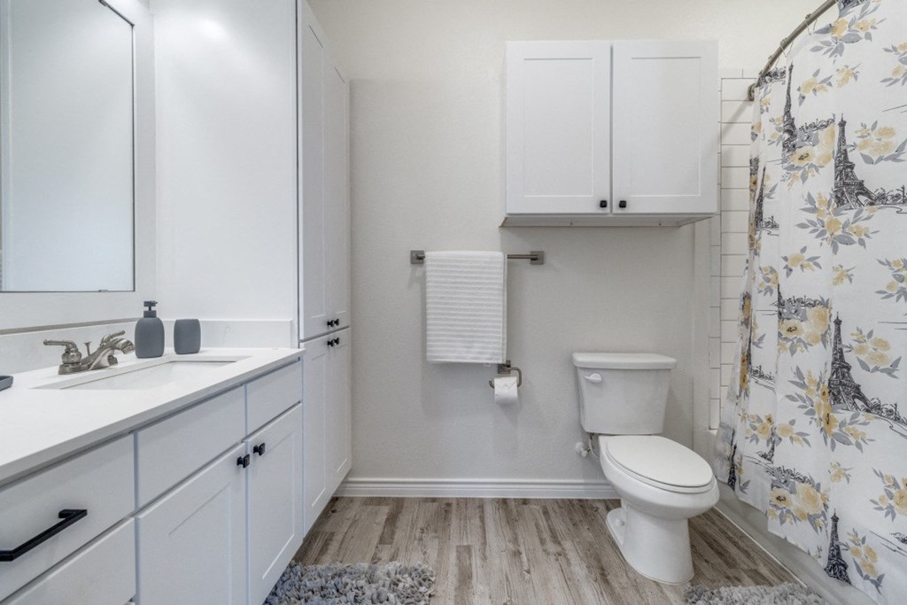 a bathroom with white cabinets and a toilet and a sink