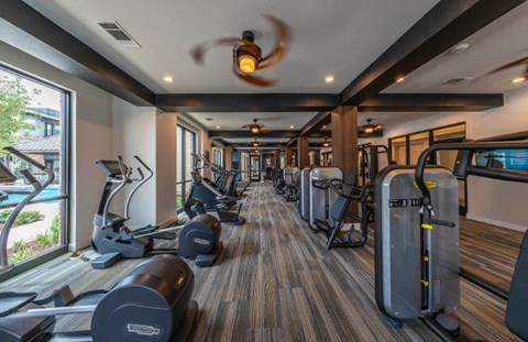 the gym is equipped with cardio machines and other exercise equipment