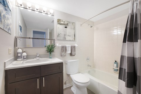 a bathroom with a toilet sink and tub and a mirror