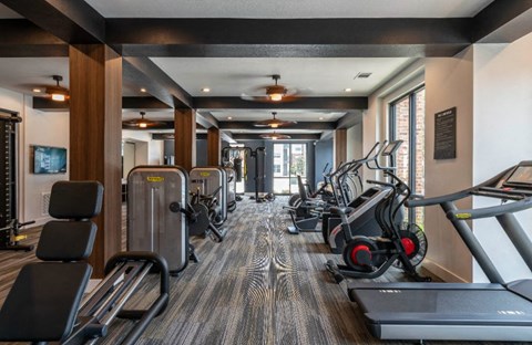 a gym with cardio equipment on the floor and a wall of windows