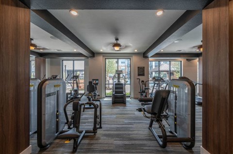 a gym with weights and cardio equipment on the floor and windows