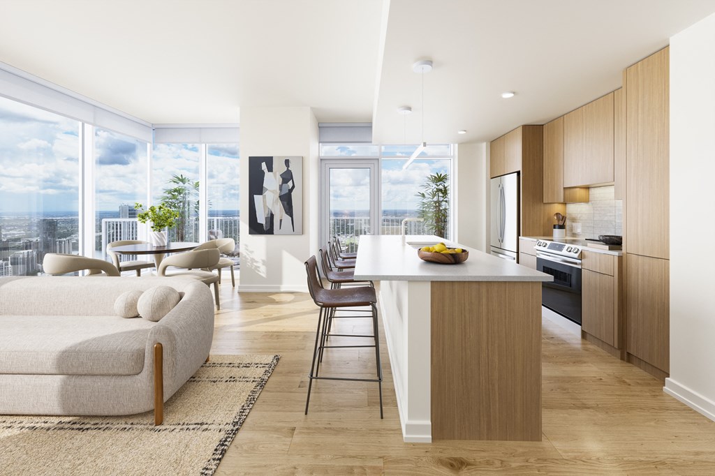 a rendering of a living room with a kitchen and dining room