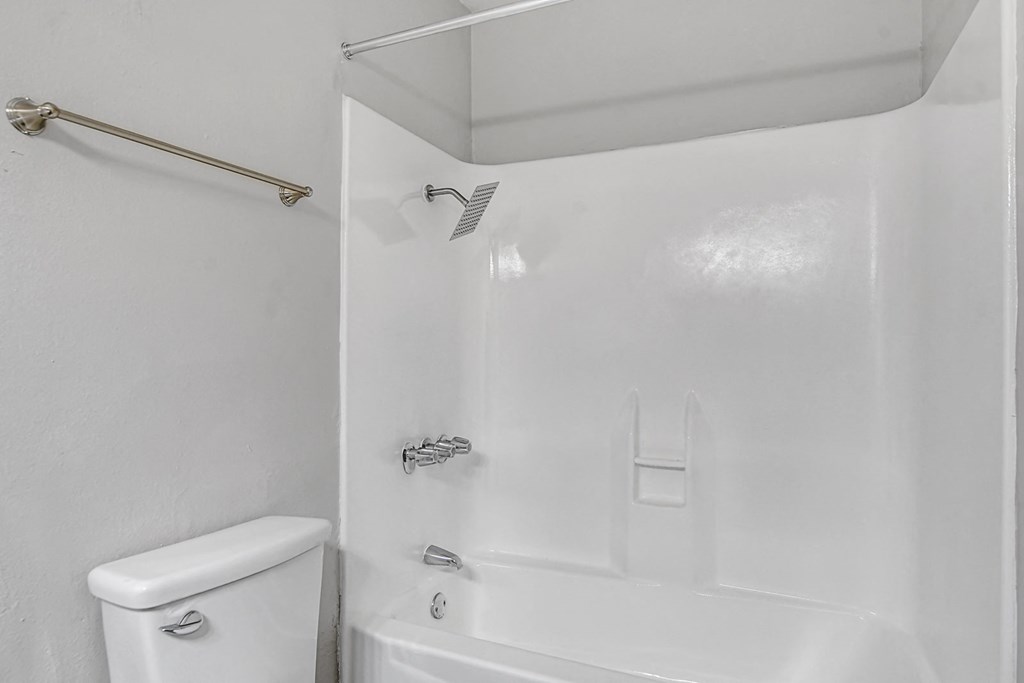 a bathroom with a bathtub and a toilet