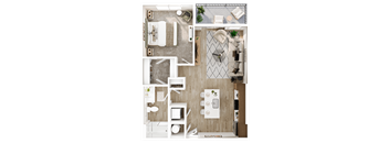 A top-down view of a small, neatly organized apartment with a bedroom, living room, and kitchen.