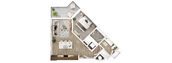 A top-down view of a house interior with a kitchen, living room, and dining area.
