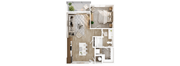 A detailed floor plan of a small apartment with a kitchen, living room, and bathroom.