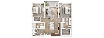 A top-down view of a house layout with a kitchen, living room, and bathroom.