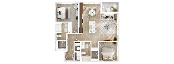 A top-down view of a bathroom layout with a bathtub, toilet, sink, and shower.