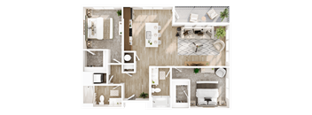 A top-down view of a modern apartment layout with a kitchen, living room, and bathroom.