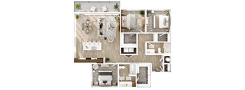 A top-down view of a house layout with a kitchen, living room, and bathrooms.