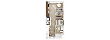 A top-down view of a small, modern apartment with a kitchen, living room, and bathroom.