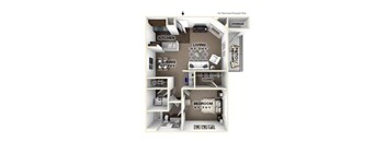 A diagram of a small apartment layout with a kitchen, dining area, bedroom, and closet.