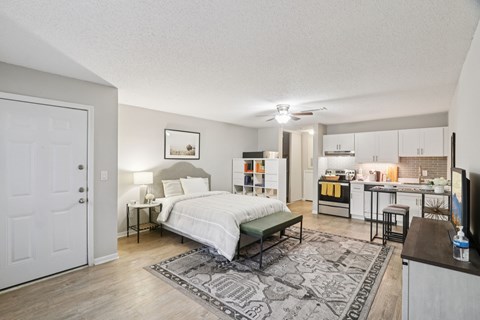 A bedroom with a bed, nightstand, and a rug.