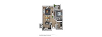 A 3D floor plan of a small apartment with a living room, dining room, kitchen, bedroom, bathroom, and patio.