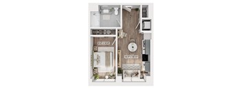 A floor plan of a small apartment with a kitchen, living room, and bathroom.