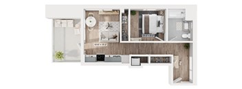 A floor plan of a small apartment with a kitchen, living room, and bathroom.