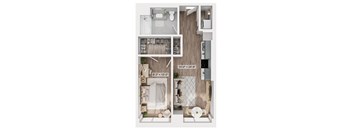 A floor plan of a small apartment with a bedroom, bathroom, and kitchen.
