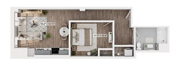 A floor plan of a small apartment with a living room, kitchen, and bathroom.