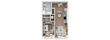 A floor plan of a small apartment with a kitchen, living room, and bathroom.
