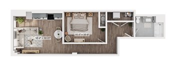 A floor plan of a bedroom with a bed, a toilet, a sink, and a bathtub.
