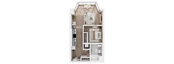 A diagram of a small apartment with a living room, kitchen, and bathroom.