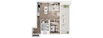 A floor plan of a house with a kitchen, living room, dining room, and bathroom.