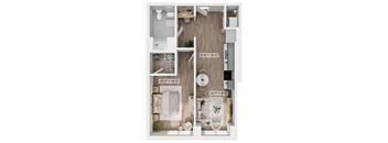 A floor plan of a small apartment with a kitchen, living room, and bathroom.
