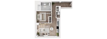 A floor plan of a small apartment with a kitchen, living room, and bathroom.