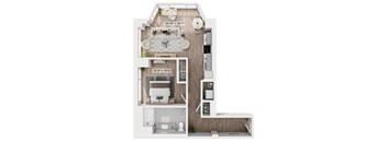 A floor plan of a small apartment with a living room, kitchen, and bathroom.