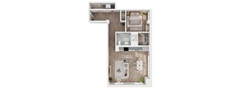A floor plan of a small apartment with a bedroom, bathroom, and kitchen.