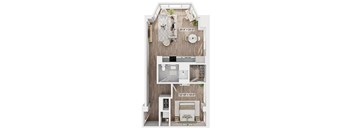 A floor plan of a small apartment with a kitchen, living room, and bedroom.